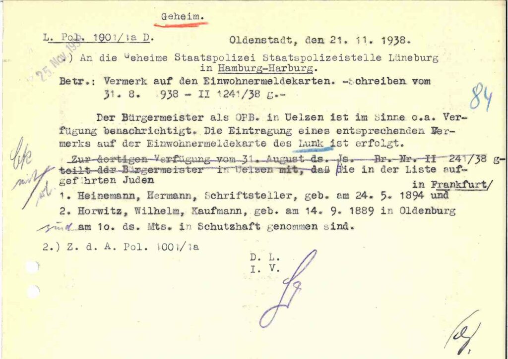 Verhaftungen 1938 aus Kreisarchiv IX K1-37 - Uelzen