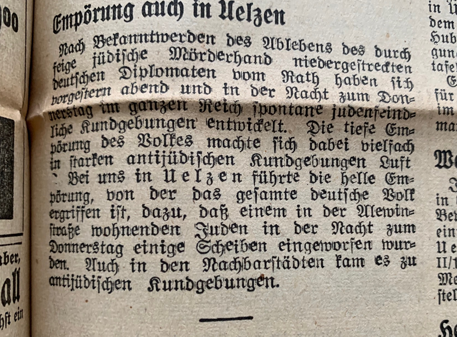 AZ - Allgemeine Zeitung Uelzen vom 11.11.1938 -  Quelle: Kreisarchiv Uelzen